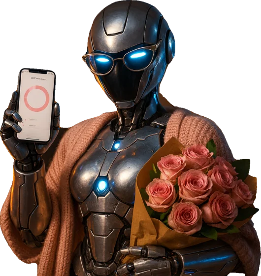 Linda, a chrome robot in glasses and a pink cardigan, holding a phone showing a cycle ring and a bunch of pink roses.